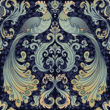 Çiçeksiz, dikdörtgen, eskimiş duvar kağıtları için ince zeka kuşları. Büyülü Vintage Çiçekleri. Sanat ve el sanatları hareketi ilham verici. Ambalaj kağıdı, duvar kağıdı, kumaş ve moda kıyafetleri için tasarım.