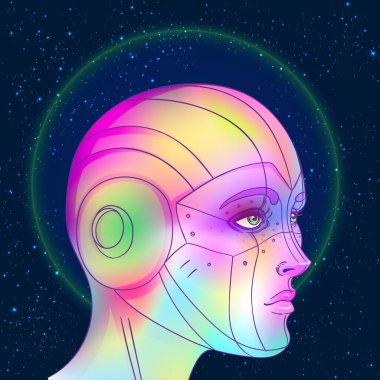 Robot android kadın portresi. Geçmişe dönük fütürizm tarzında. Vektör çizimi. Parlak neon renkli bir sayborgun resmi. Fütürist sentetik el ilanı şablonu. Siber teknoloji.