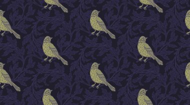 Çiçek çelengi ve eski duvar kağıtları için kuşların olduğu klasik, dikişsiz desen. Büyülü Vintage Çiçekleri. Sanat ve el sanatları hareketi ilham verici. Ambalaj kağıdı, duvar kağıdı, kumaş ve