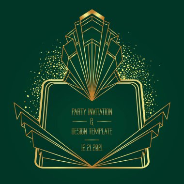 Art Deco klasik altın desenleri koyu yeşil, çerçeveler ve tasarım elementleri üzerine. Retro parti geometrik arka plan 1920 'lerin tarzında ayarlandı. Cazibe partisi için vektör illüstrasyonu, tematik düğün veya tekstil baskıları.