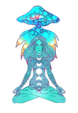 Meditating Girl sitting in lotus position over ornate colorful mandala background with mushrooms. Vector illustration. Psychedelic composition. Buddhism esoteric motifs. Tattoo, spiritual yoga.