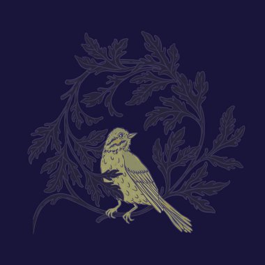 Bir kuşla klasik çiçek çelengi. Doğanın bağbozumu. Sanat ve el sanatları hareketi ilham verici. İzole edilmiş. iector tasarım ögesi.