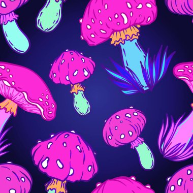 Sihirli mantarlar mandala pürüzsüz desen. Psikedelik halüsinasyon. Canlı trippy vektör çizimi. 60 'ların renkli hippi sanatı. Etnik Hint tarzında elle çizilmiş tasarım. Mistik soyut yoga minderi.