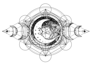 Üçlü ay pagan ay tanrıçası sembolü. Üç yüzlü Tanrıça Bakire, Anne, Kocakarı vektör çizimi. Dövme, astroloji, simya, boho ve sihirli sembol. Boyama kitabı.