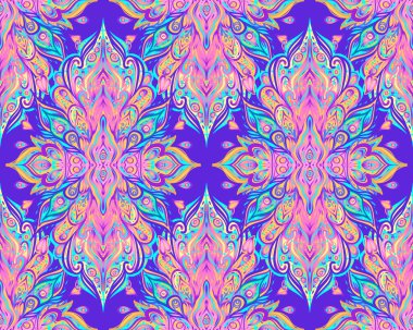 Kusursuz desenli desen. Vektör süslemesi. Hippi tekrar eden bir arka plan yarattı. Psikedelik konsept. Budizm, trans müzik. Esrarlı sanat.