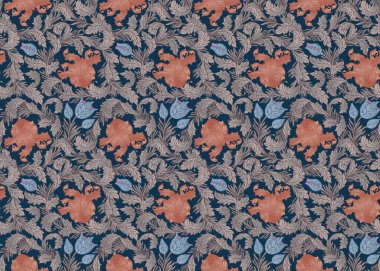 Çiçeksel, eski duvar kağıtları, tekstil ve tasarımlar için dikişsiz desen. Büyülü Vintage Çiçekleri. Sanat ve El Sanatları Hareketi.