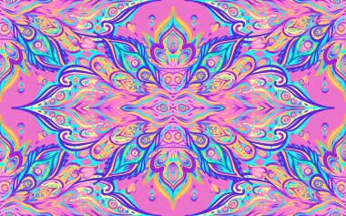 Kusursuz desenli desen. Vektör süslemesi. Hippi tekrar eden bir arka plan yarattı. Psikedelik konsept. Budizm, trans müzik. Esrarlı sanat.