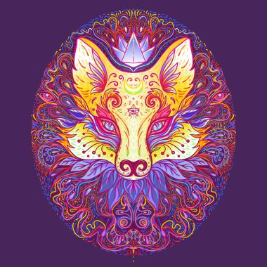 Şirin tilki ya da kedi suratlı, hayali desenli. Hayvan severler için karakter dövmesi tasarımı, baskı için sanat eseri, tekstil. Ayrıntılı vektör çizimi. Totem hayvanı..