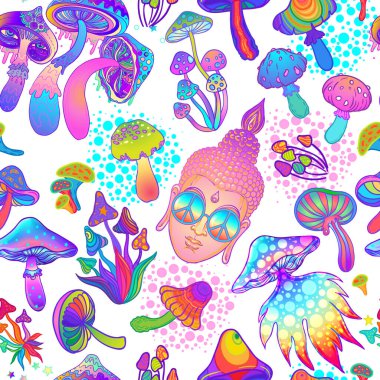 Psikedelik kusursuz desen: uçuk mantarlar ve asit Buda. Çizgi film tarzında kafası güzel uyuşturucu elementleri olan bir arka plan.