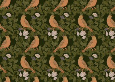 Çiçek çelengi ve eski duvar kağıtları için kuşların olduğu klasik, dikişsiz desen. Büyülü Vintage Çiçekleri. Sanat ve el sanatları hareketi ilham verici. Ambalaj kağıdı, duvar kağıdı, kumaş ve