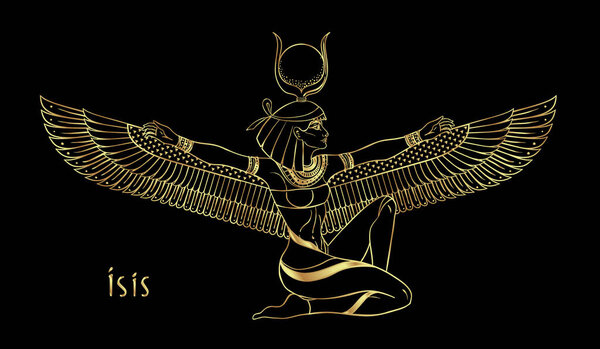 Изида, богиня жизни и магии в египетской мифологии. Одна из величайших богинь Древнего Египта, защищает женщин, детей, лечит больных. Векторная изолированная иллюстрация из золота поверх черного. Winged