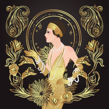 Art Deco klasik davetiye şablonu tasarımı ve flapper Girl tasarımı. desenler ve çerçeveler. Retro parti arka planı 1920 'lerin tarzında ayarlandı. Cazibe gösterisi için vektör, kabare gösterisi, tematik düğün veya