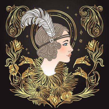 Art Deco klasik davetiye şablonu tasarımı ve flapper Girl tasarımı. desenler ve çerçeveler. Retro parti arka planı 1920 'lerin tarzında ayarlandı. Cazibe gösterisi için vektör, kabare gösterisi, tematik düğün veya