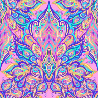 Kusursuz desenli desen. Vektör süslemesi. Hippi tekrar eden bir arka plan yarattı. Psikedelik konsept. Budizm, trans müzik. Esrarlı sanat.