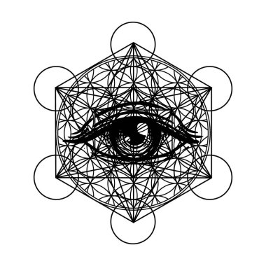 Kutsal geometri sembolü dövmeli bir göz. Yaşam Tohumu. Antik geometrik ruhani sembol. Üst üste binen daireler, çiçek deseni, Hayat Çiçeği. Siyah ve beyaz vektör çizimi.