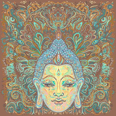 Buda 'nın yüzü mandala şeklinin üzerinde. Esrarengiz klasik vektör çizimi. Hint, Budizm, ruhani sanat. Hippi dövmesi, ruhanilik, Tayland tanrısı, yetişkinler için yoga zen boyama kitabı sayfaları.