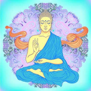Asit Lord Buddha, mandala yuvarlak desenli mantar çizimi. Esrarengiz klasik vektör çizimi. Hint, Budizm, ruhani sanat. Hippi dövmesi, ruhanilik, çılgın parti posteri..