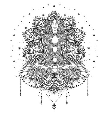 Kabile Tanrıçası. Siyah ve beyaz mandala yerine Boho Girl. Beyaz üzerine izole edilmiş vektör dekoratif çizim. Budizm esrarengiz motifleri. Dövme, ruhani yoga. Boyama kitabı.