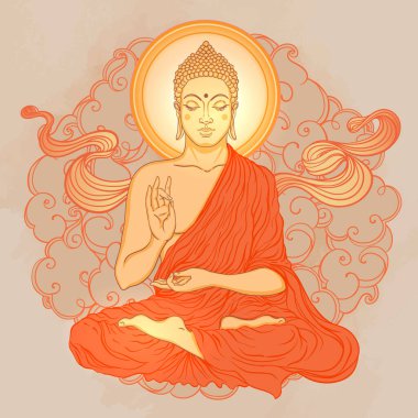 Buda 'nın yüzü mandala şeklinin üzerinde. Esrarengiz klasik vektör çizimi. Hint, Budizm, ruhani sanat. Hippi dövmesi, ruhanilik, Tayland tanrısı, yetişkinler için yoga zen boyama kitabı sayfaları.