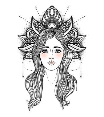 Kabile Tanrıçası. Siyah ve beyaz mandala yerine Boho Girl. Beyaz üzerine izole edilmiş vektör dekoratif çizim. Budizm esrarengiz motifleri. Dövme, ruhani yoga. Boyama kitabı.