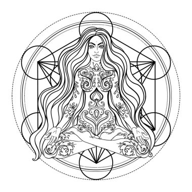 Kabile Tanrıçası. Siyah ve beyaz mandala yerine Boho Girl. Beyaz üzerine izole edilmiş vektör dekoratif çizim. Budizm esrarengiz motifleri. Dövme, ruhani yoga. Boyama kitabı.