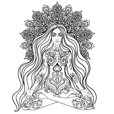 Çakra konsepti. Siyah beyaz süslenmiş mandala üzerinde lotus pozisyonunda oturan kız. Beyaz üzerine izole edilmiş vektör dekoratif çizim. Budizm esrarengiz motifleri. Boyama kitabı. Dövme, ruhani