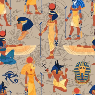Eski Mısır. Mısır tanrıları ve sembolleriyle klasik, dikişsiz desen. Resimleri tekrarlayan el çizimi vektörü. Ra, Isis, Anubis, Sekhtmet, Kleopatra, Piramit.