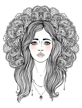 Kabile Tanrıçası. Siyah ve beyaz mandala yerine Boho Girl. Beyaz üzerine izole edilmiş vektör dekoratif çizim. Budizm esrarengiz motifleri. Dövme, ruhani yoga. Boyama kitabı.