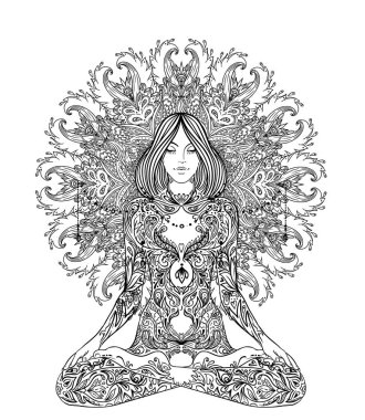 Kabile Tanrıçası. Siyah ve beyaz mandala yerine Boho Girl. Beyaz üzerine izole edilmiş vektör dekoratif çizim. Budizm esrarengiz motifleri. Dövme, ruhani yoga. Boyama kitabı.
