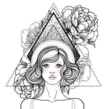 Kabile Tanrıçası. Siyah ve beyaz mandala yerine Boho Girl. Beyaz üzerine izole edilmiş vektör dekoratif çizim. Budizm esrarengiz motifleri. Dövme, ruhani yoga. Boyama kitabı.