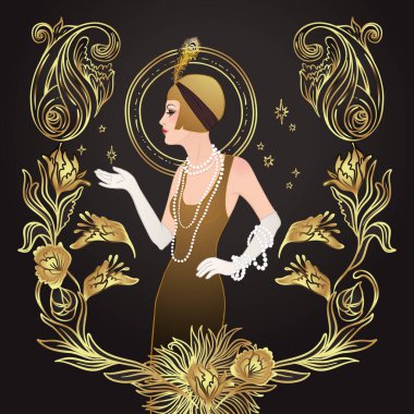 Art Deco klasik davetiye şablonu tasarımı ve flapper Girl tasarımı. desenler ve çerçeveler. Retro parti arka planı 1920 'lerin tarzında ayarlandı. Cazibe gösterisi için vektör, kabare gösterisi, tematik düğün veya