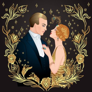 Art Deco klasik davetiye şablonu tasarımı ve flapper Girl tasarımı. desenler ve çerçeveler. Retro parti arka planı 1920 'lerin tarzında ayarlandı. Cazibe gösterisi için vektör, kabare gösterisi, tematik düğün veya