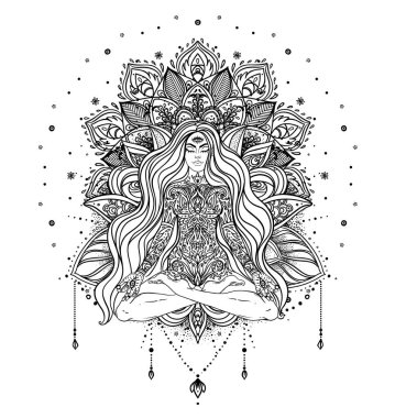 Kabile Tanrıçası. Siyah ve beyaz mandala yerine Boho Girl. Beyaz üzerine izole edilmiş vektör dekoratif çizim. Budizm esrarengiz motifleri. Dövme, ruhani yoga. Boyama kitabı.