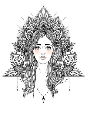 Kabile Tanrıçası. Siyah ve beyaz mandala yerine Boho Girl. Beyaz üzerine izole edilmiş vektör dekoratif çizim. Budizm esrarengiz motifleri. Dövme, ruhani yoga. Boyama kitabı.