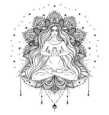 Kabile Tanrıçası. Siyah ve beyaz mandala yerine Boho Girl. Beyaz üzerine izole edilmiş vektör dekoratif çizim. Budizm esrarengiz motifleri. Dövme, ruhani yoga. Boyama kitabı.