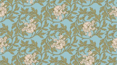 Çiçeksel, eski duvar kağıtları için dikişsiz desen. Büyülü Vintage Çiçekleri. Sanat ve el sanatları hareketi ilham verici. Ambalaj kağıdı, duvar kağıdı, kumaş ve moda kıyafetleri için tasarım.