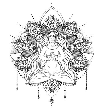 Kabile Tanrıçası. Siyah ve beyaz mandala yerine Boho Girl. Beyaz üzerine izole edilmiş vektör dekoratif çizim. Budizm esrarengiz motifleri. Dövme, ruhani yoga. Boyama kitabı.