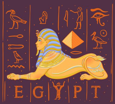 Sfenks, insan kafası, aslan vücudu ve kanatları olan Mısırlı efsanevi yaratık. Elle çizilmiş klasik vektör çizimi. Dövme, tişört ya da poster tasarımı, kartpostal. Mısır tarihi.