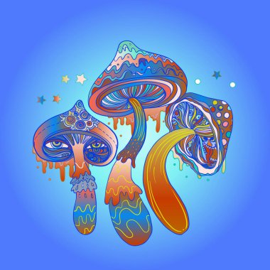 Kutsal geometri üzerinde parlak renklerde sihirli mantarlar. Psikedelik halüsinasyon. Canlı vektör çizimi. 60 'ların renkli hippi sanatı.