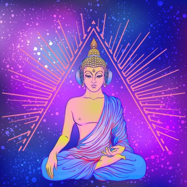 Gökkuşağı gözlüklü renkli Buda kulaklıkla müzik dinliyor. Vektör çizimi. Güneş gözlüklü hippi barış işareti. Psikedelik mantarlar. Budizm, trans müzik. Esrarlı sanat
