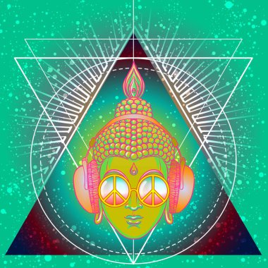 Gökkuşağı gözlüklü renkli Buda kulaklıkla müzik dinliyor. Vektör çizimi. Güneş gözlüklü hippi barış işareti. Psikedelik mantarlar. Budizm, trans müzik. Esrarlı sanat