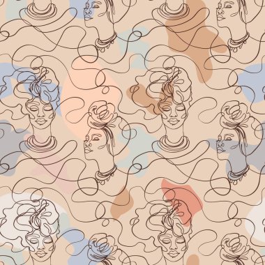 Modern basit stilde soyut, pürüzsüz desen. Kadın yüzleri. Bir çizgi. Ambalaj kağıdı, duvar kağıdı, kumaş ve moda kıyafetleri için tasarım.