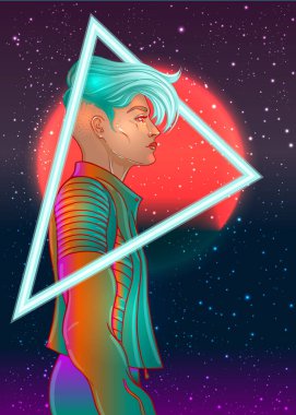 Geçmişe dönük kısa traşlı peri desenli, çift cinsiyetli genç bir kadının portresi. Neon renkli vektör illüstrasyonu. Mavi kısa saç. Gelecekçi sentetik dalga el ilanı şablonu