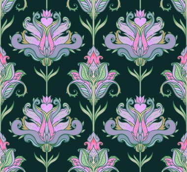 Çiçeksel renksiz desenli, retro 60 'lar, 70' ler hippi tarzı arka plan. Klasik saykodelik tekstil, kumaş, ambalaj kağıdı, duvar kağıdı. Gösterimi yineleyen vektör.