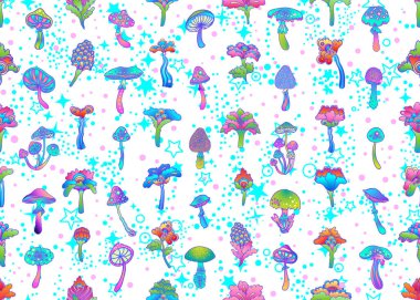 Sihirli mantarlar ve yıldızların pürüzsüz deseni. Psikedelik halüsinasyon. 60 'ların renkli hippi sanatı. Klasik saykodelik tekstil, kumaş, ambalaj kağıdı, duvar kağıdı. Gösterimi yineleyen vektör.