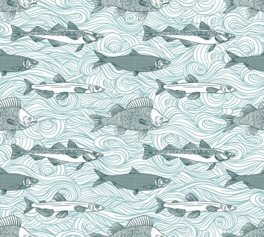 Fish seamless pattern. Perch, Capelin, Herring, Pollock, Shrimp. Vector illustration of fish on on white background. Seafood restaurant menu. Outline coloring book pages design. Wild nature, fishing.