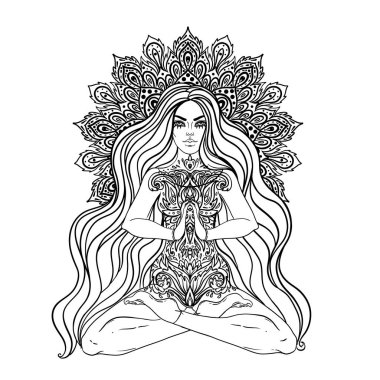 Çakra konsepti. Siyah beyaz süslenmiş mandala üzerinde lotus pozisyonunda oturan kız. Beyaz üzerine izole edilmiş vektör dekoratif çizim. Budizm esrarengiz motifleri. Boyama kitabı. Dövme, ruhani
