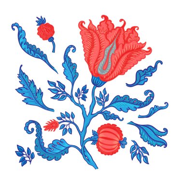 Çiçek desenli elementler, beyaza izole edilmiş Jacobean tarzında ayarlanmış. Büyülü Vintage Çiçekleri. Chintz ilham verdi. Ambalaj kağıdı, duvar kağıdı, kumaş ve moda kıyafetleri için tasarım.