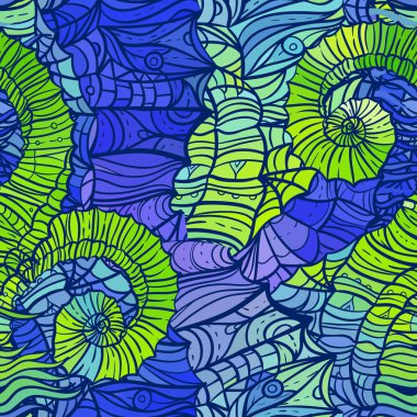 Soyut mozaik desen, vektör çizimi, doğa esinlenilmiş. Ambalaj kağıdı, duvar kağıdı, kumaş ve moda kıyafetleri için tasarım.