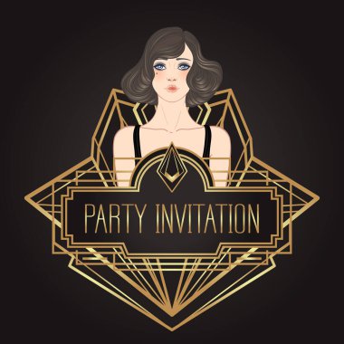 Art Deco vintage davetiye şablonu tasarımı ve desenler ve çerçeveler üzerinde flapper girl çizimi. 1920 'lerde Retro Party' nin arka planı belirlendi. Büyüleyici etkinlik için vektör, tematik düğün veya caz